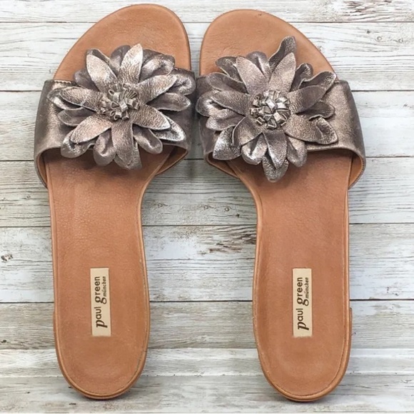 Paul Green Flower Metallic Leather Slide Sandal Mini Block Heel​​​​ - Picture 1 of 10